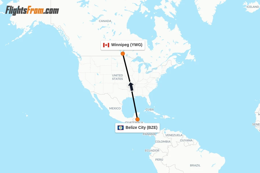 Flights from Belize City to Winnipeg route map