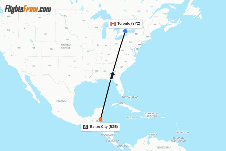 Flights from Belize City to Toronto route map