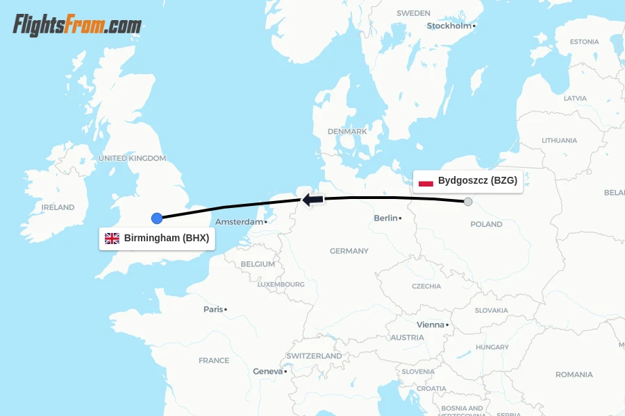 Flights from Bydgoszcz to Birmingham route map