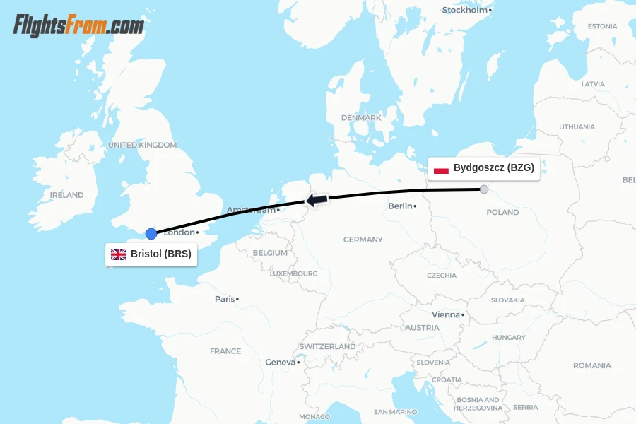 Flights from Bydgoszcz to Bristol route map