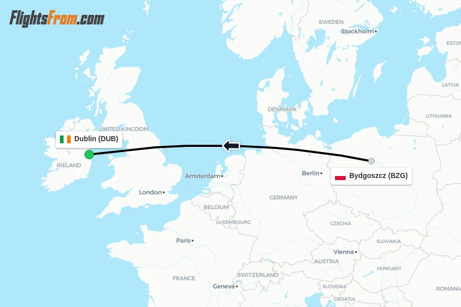 Flights from Bydgoszcz to Dublin route map
