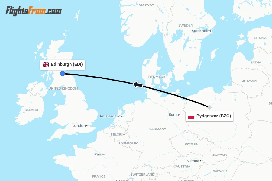 Flights from Bydgoszcz to Edinburgh route map