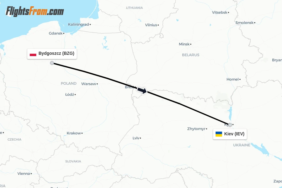 Flights from Bydgoszcz to Kiev route map