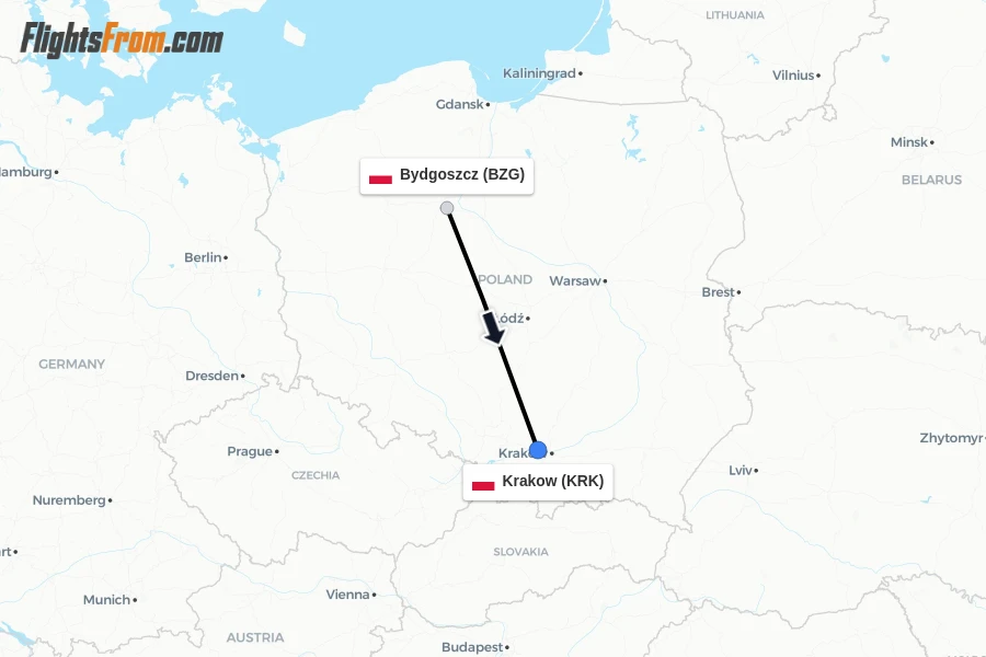 Flights from Bydgoszcz to Krakow route map