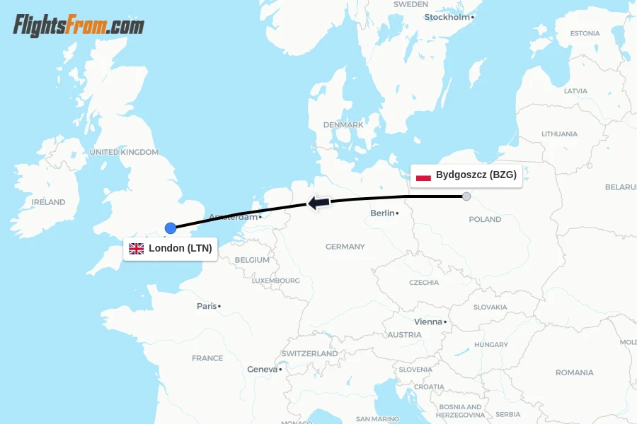 Flights from Bydgoszcz to London route map