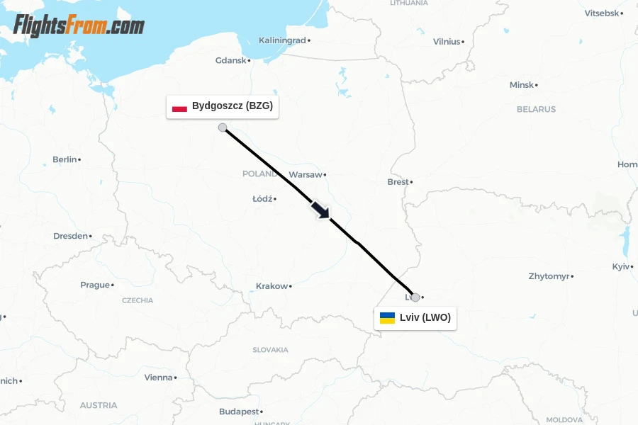 Flights from Bydgoszcz to Lviv route map