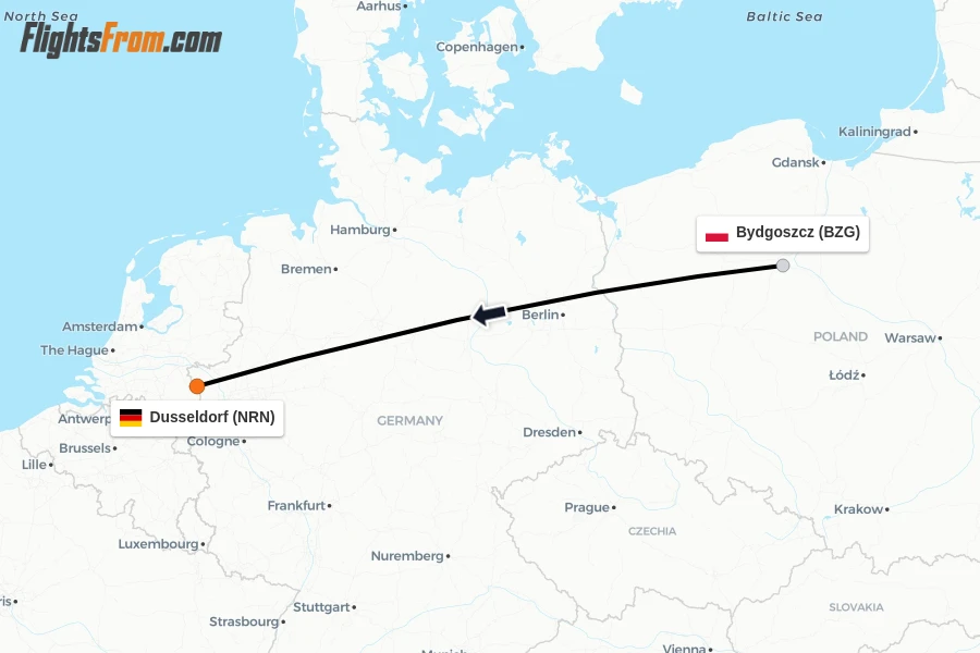 Flights from Bydgoszcz to Dusseldorf route map