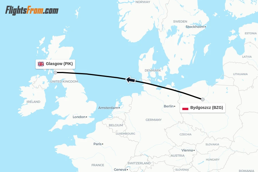 Flights from Bydgoszcz to Glasgow route map