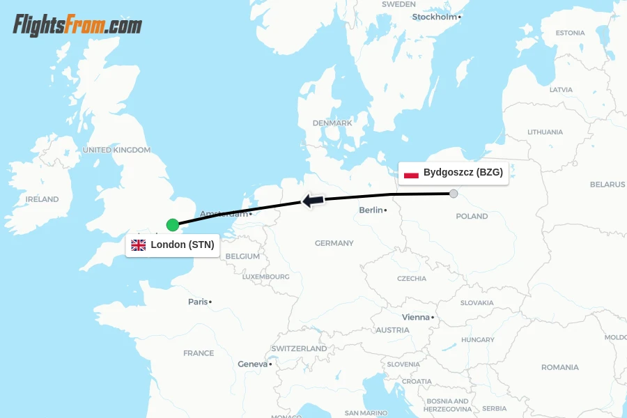 Flights from Bydgoszcz to London route map