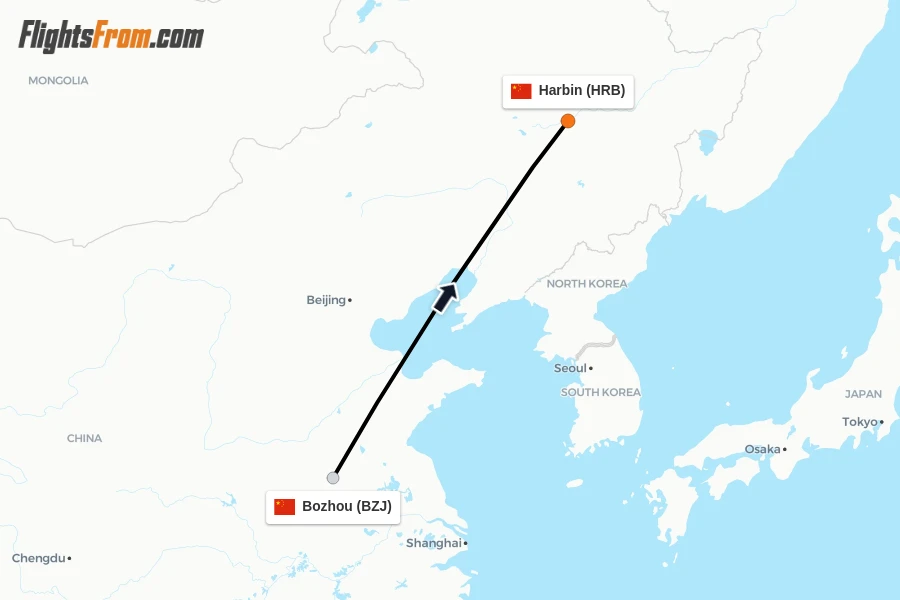Flights from Bozhou to Harbin route map