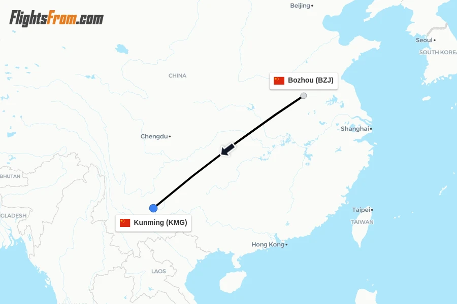 Flights from Bozhou to Kunming route map