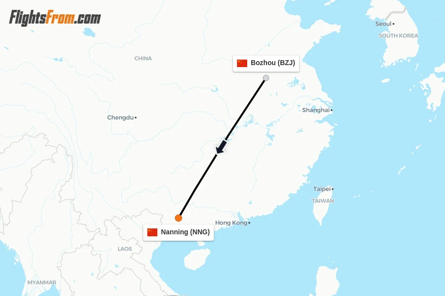 Flights from Bozhou to Nanning route map