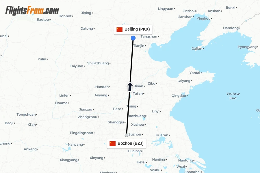 Flights from Bozhou to Beijing route map