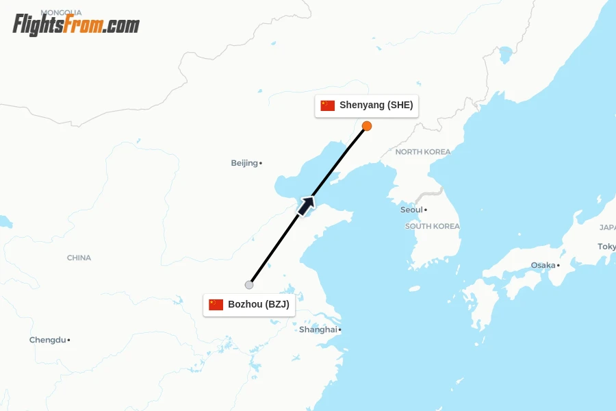 Flights from Bozhou to Shenyang route map
