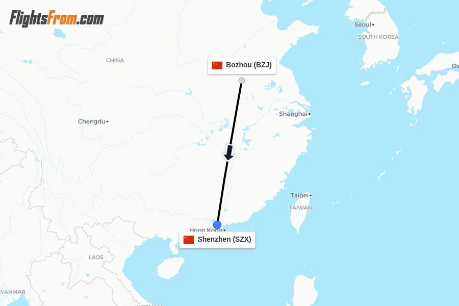 Flights from Bozhou to Shenzhen route map