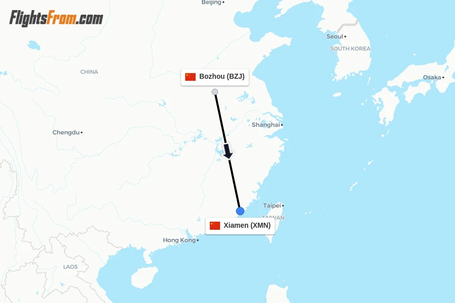 Flights from Bozhou to Xiamen route map