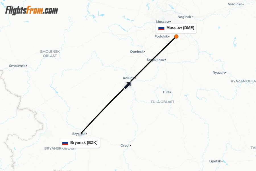 Flights from Bryansk to Moscow route map