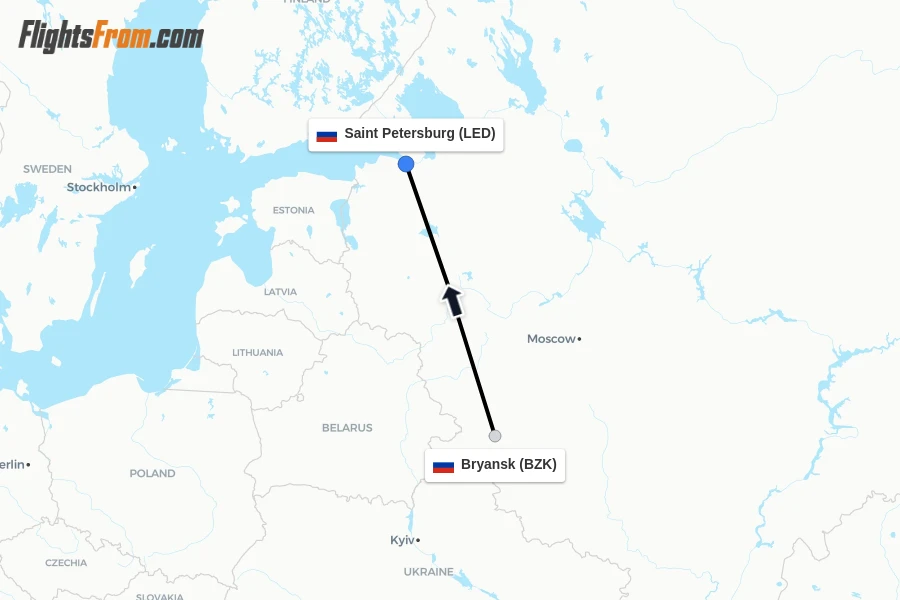 Flights from Bryansk to Saint Petersburg route map
