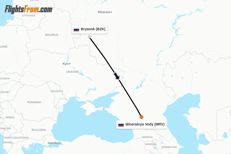 Flights from Bryansk to Mineralnye Vody route map