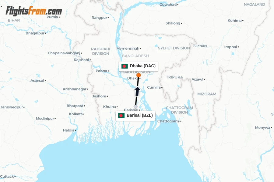 Flights from Barisal to Dhaka route map
