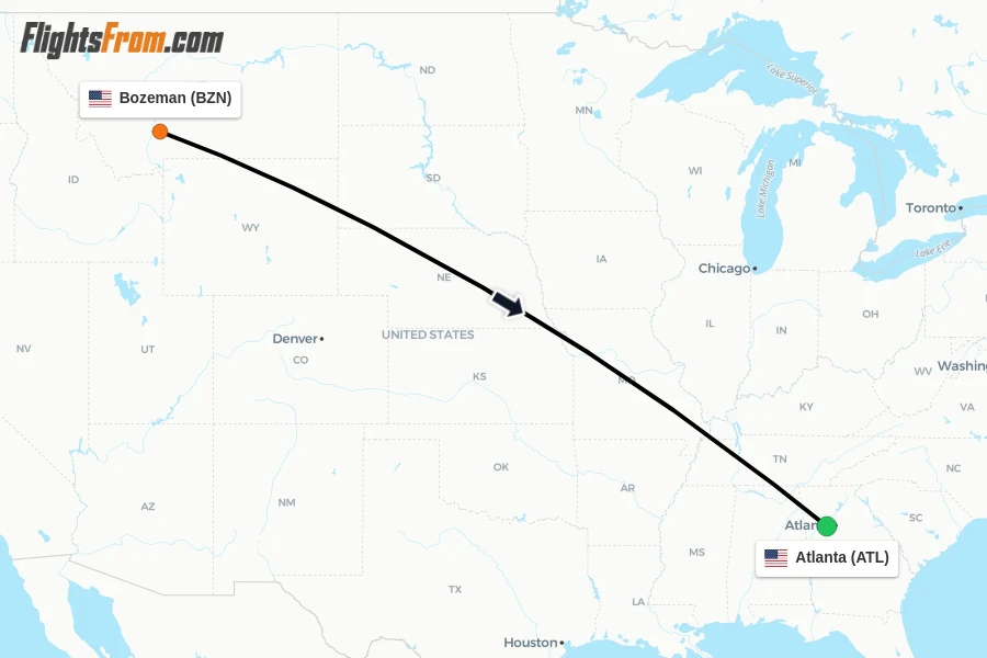 Flights from Bozeman to Atlanta route map