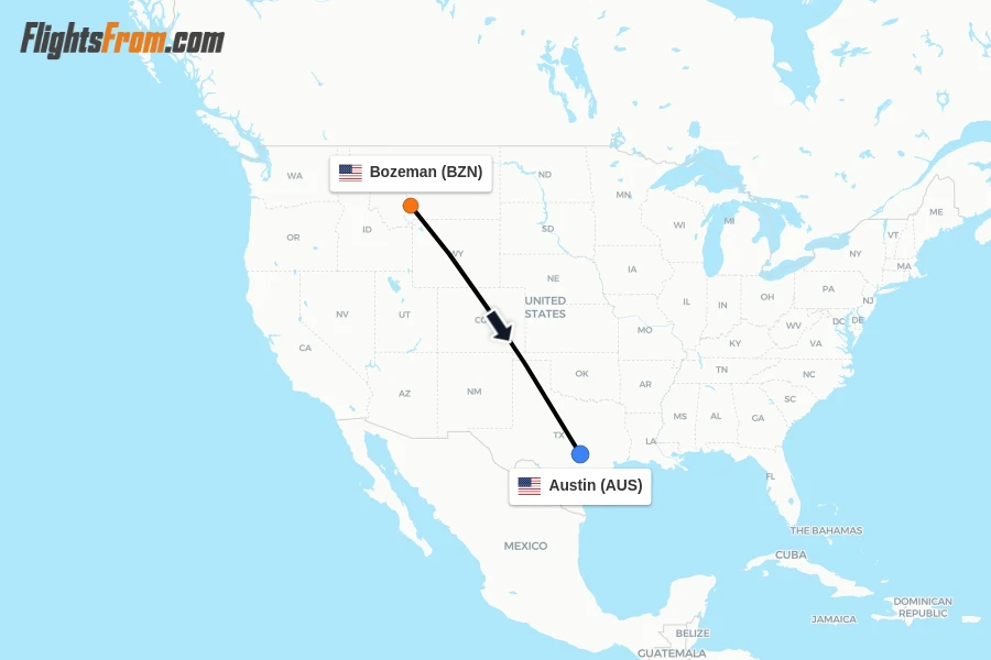 Flights from Bozeman to Austin route map