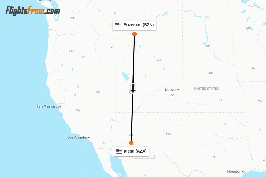 Flights from Bozeman to Mesa route map