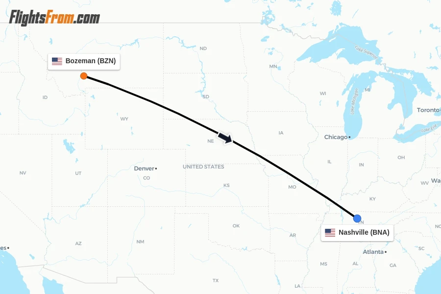 Flights from Bozeman to Nashville route map