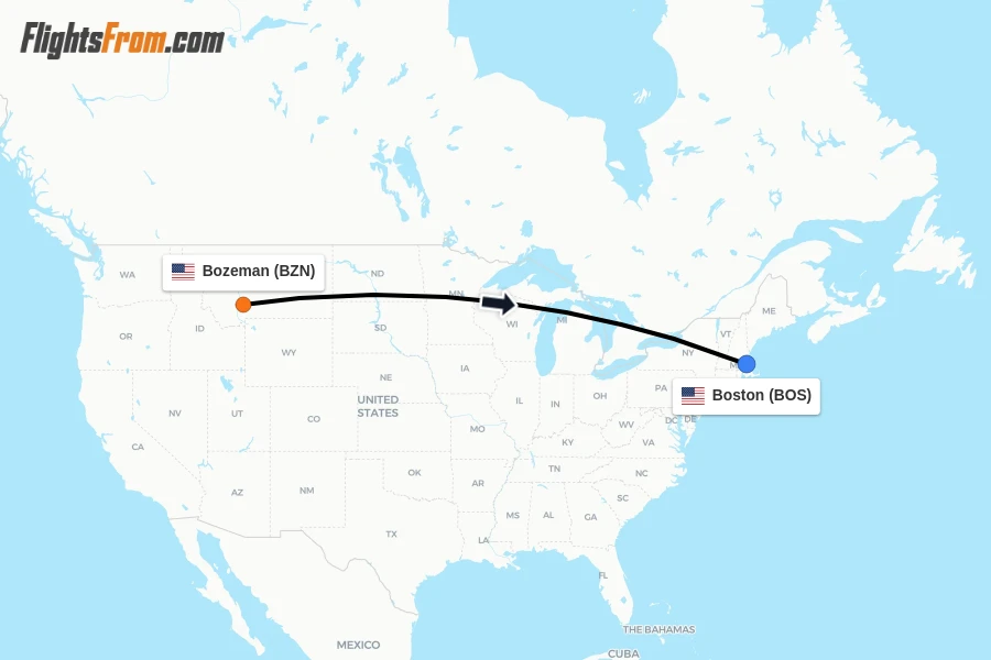 Flights from Bozeman to Boston route map