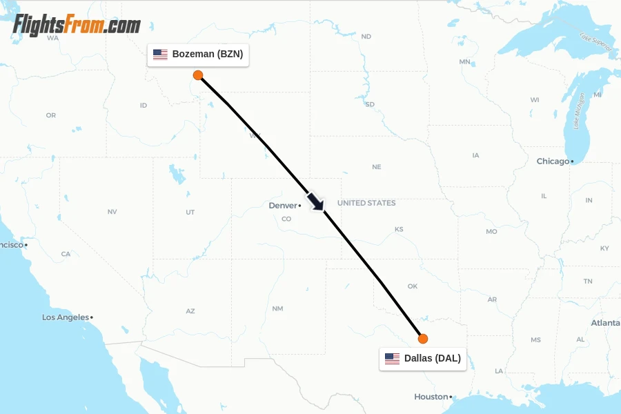 Flights from Bozeman to Dallas route map