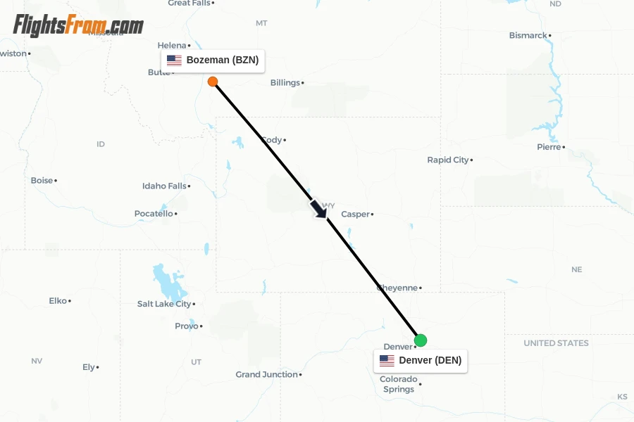 Flights from Bozeman to Denver route map