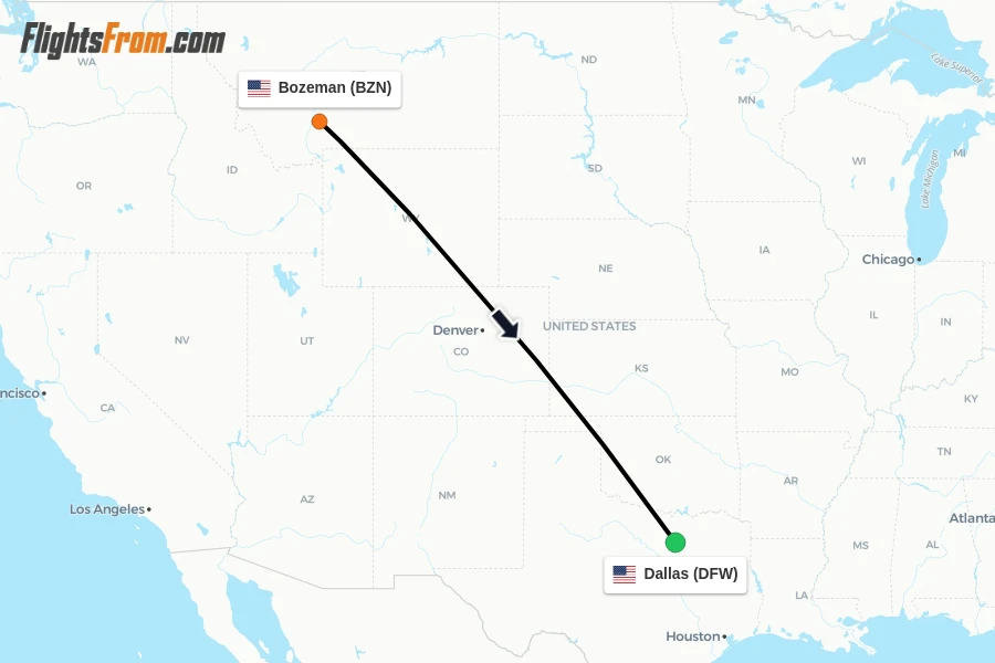 Flights from Bozeman to Dallas route map