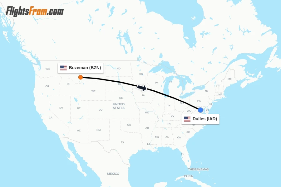 Flights from Bozeman to Dulles route map