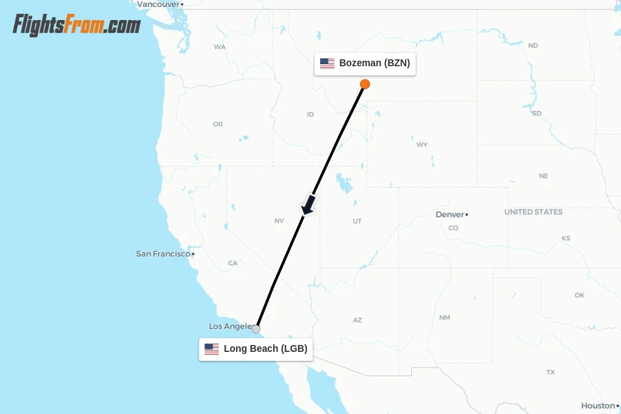Flights from Bozeman to Long Beach route map