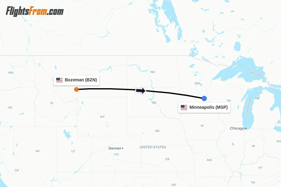 Flights from Bozeman to Minneapolis route map