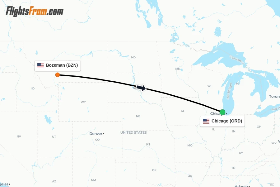 Flights from Bozeman to Chicago route map