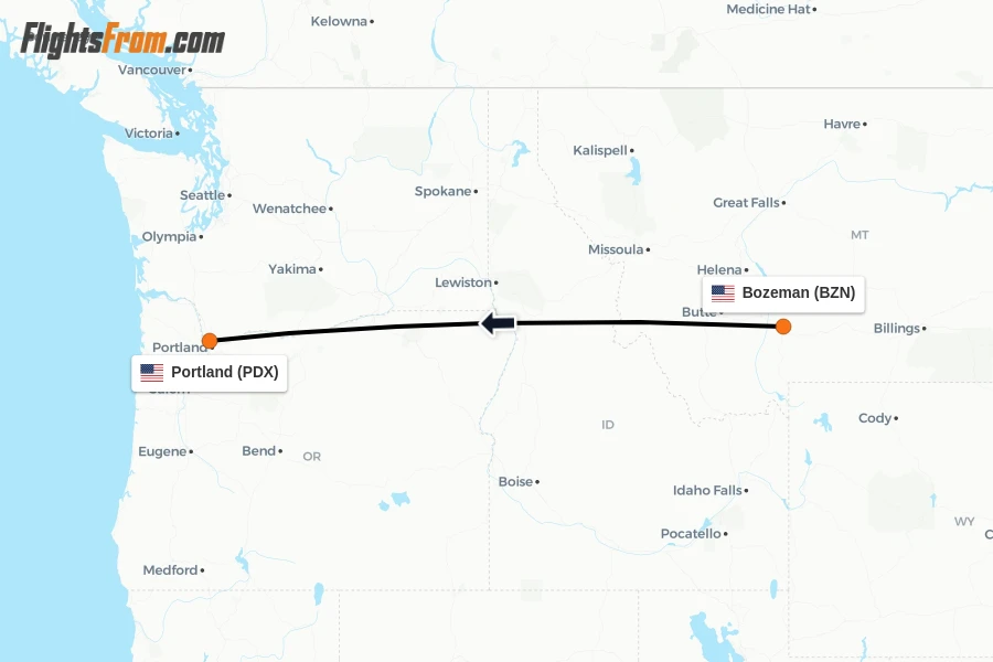 Flights from Bozeman to Portland route map