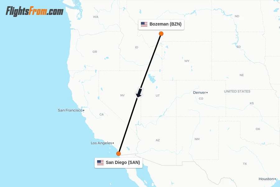 Flights from Bozeman to San Diego route map