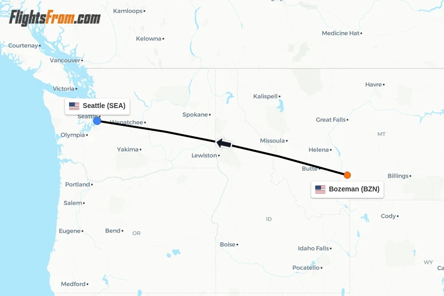 Flights from Bozeman to Seattle route map