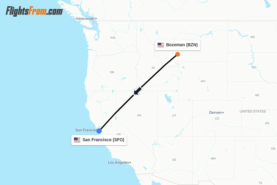 Flights from Bozeman to San Francisco route map