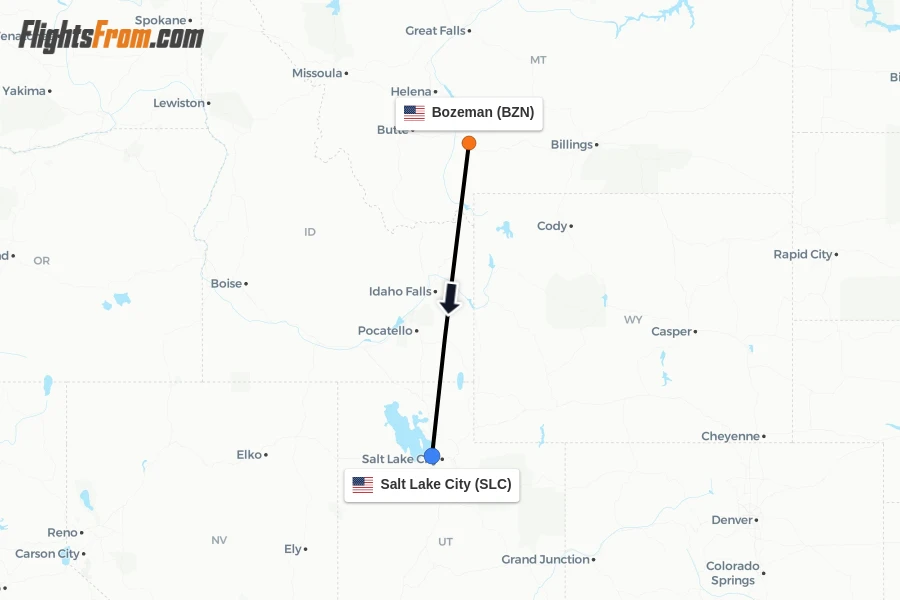 Flights from Bozeman to Salt Lake City route map