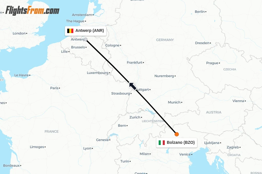 Flights from Bolzano to Antwerp route map