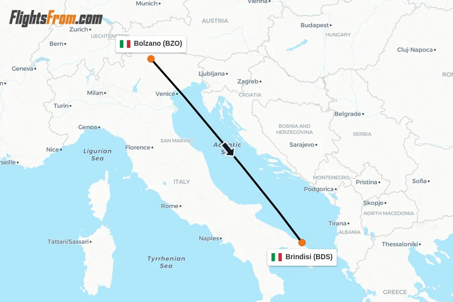 Flights from Bolzano to Brindisi route map