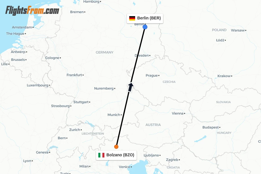 Flights from Bolzano to Berlin route map