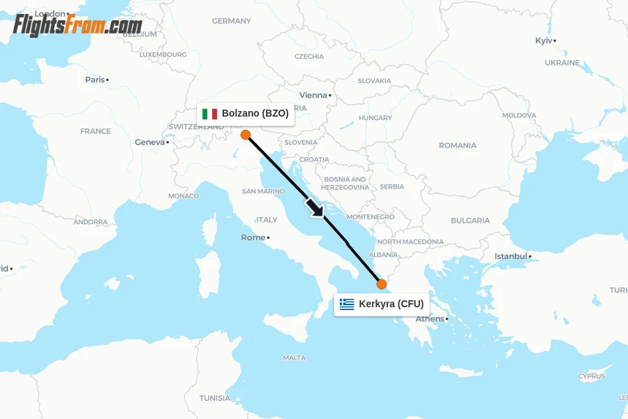 Flights from Bolzano to Kerkyra route map