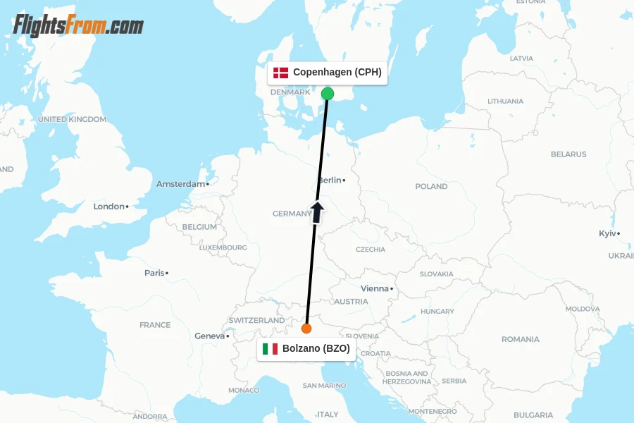 Flights from Bolzano to Copenhagen route map