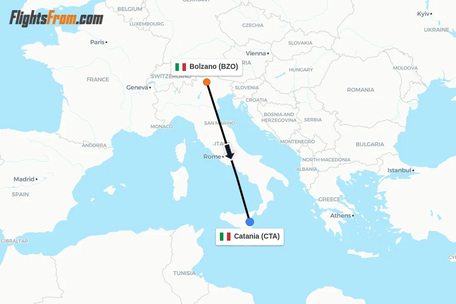 Flights from Bolzano to Catania route map