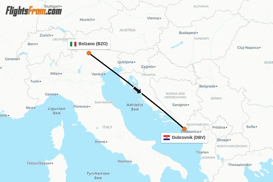 Flights from Bolzano to Dubrovnik route map