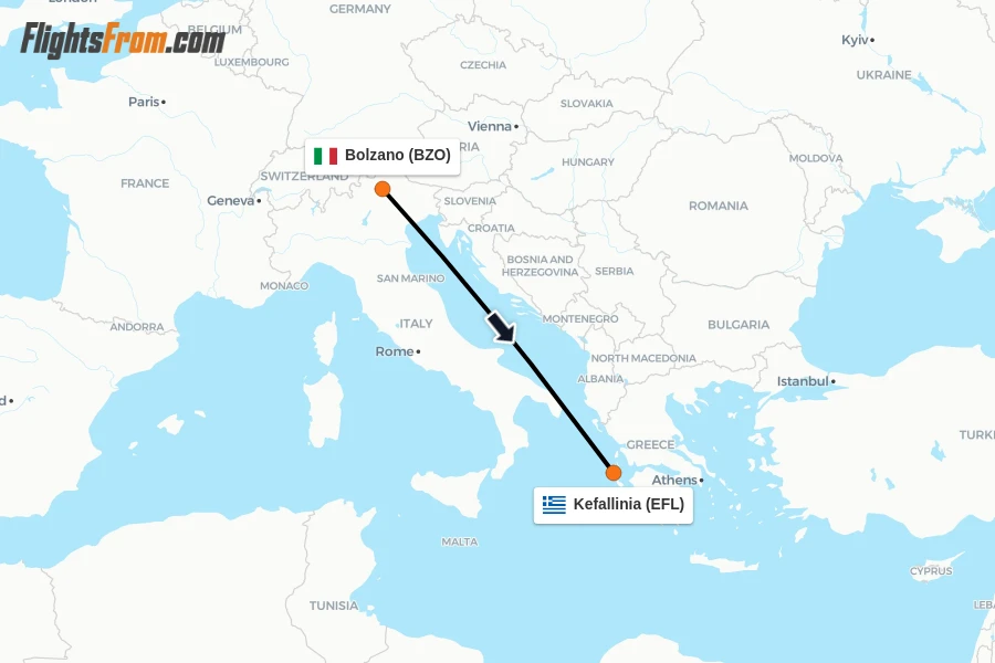 Flights from Bolzano to Kefallinia route map