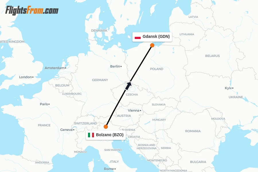Flights from Bolzano to Gdansk route map